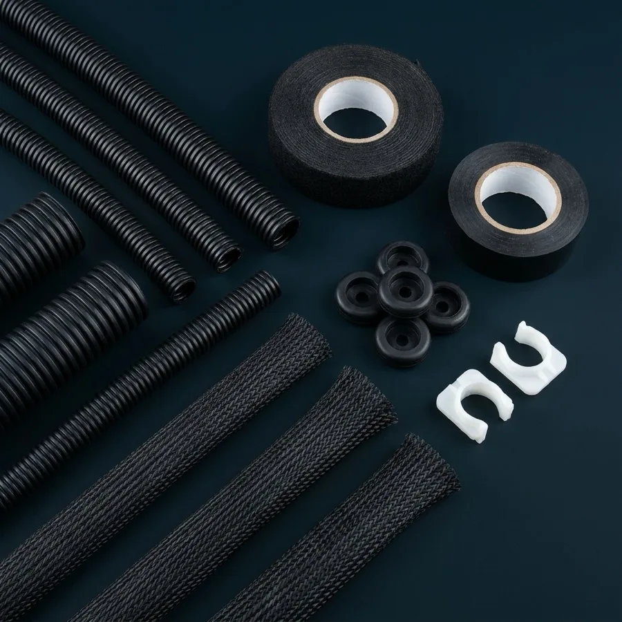 Corrugated tubing, braided sleeving, harness tape, grommets and cable clips
