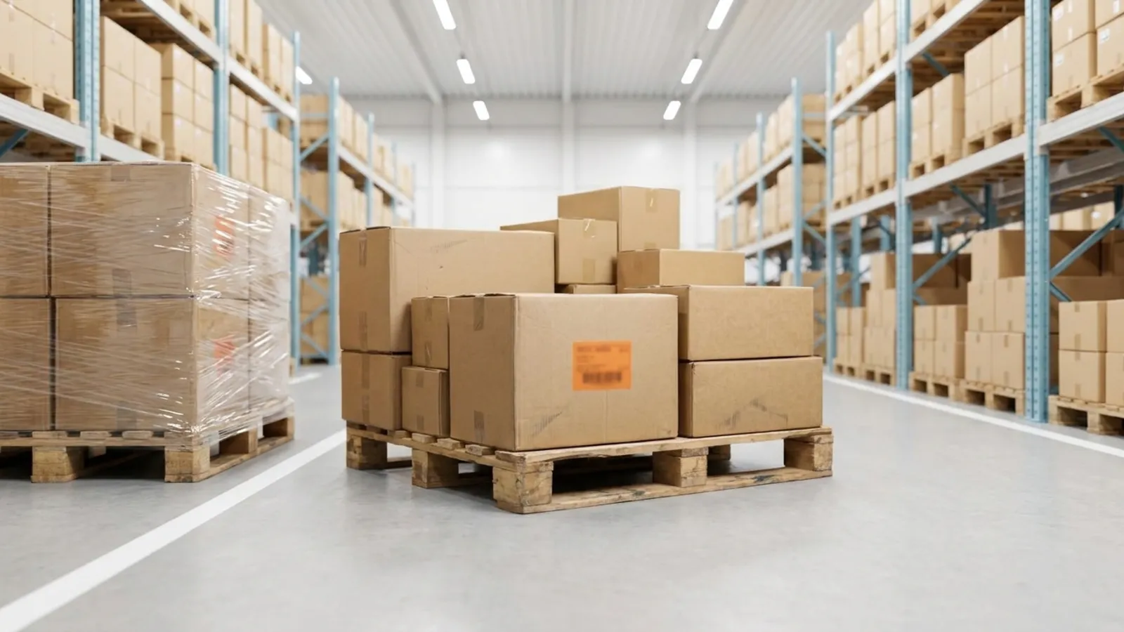 Palletised surplus stock in a warehouse