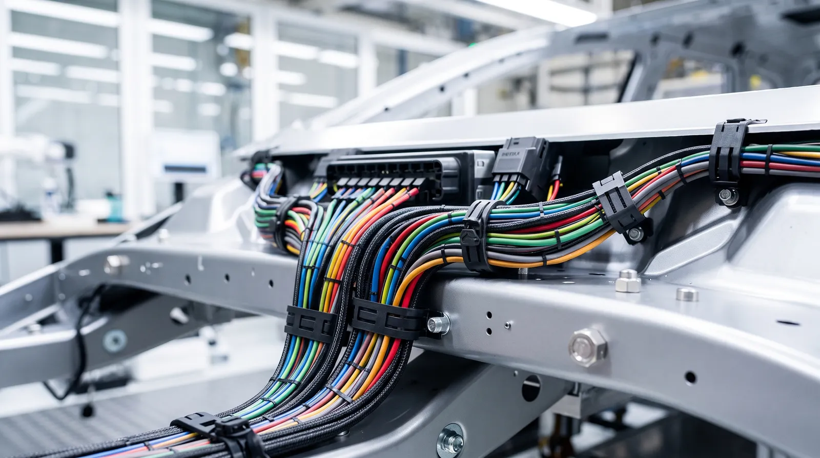 Finished wire harness routed on a vehicle sub-frame