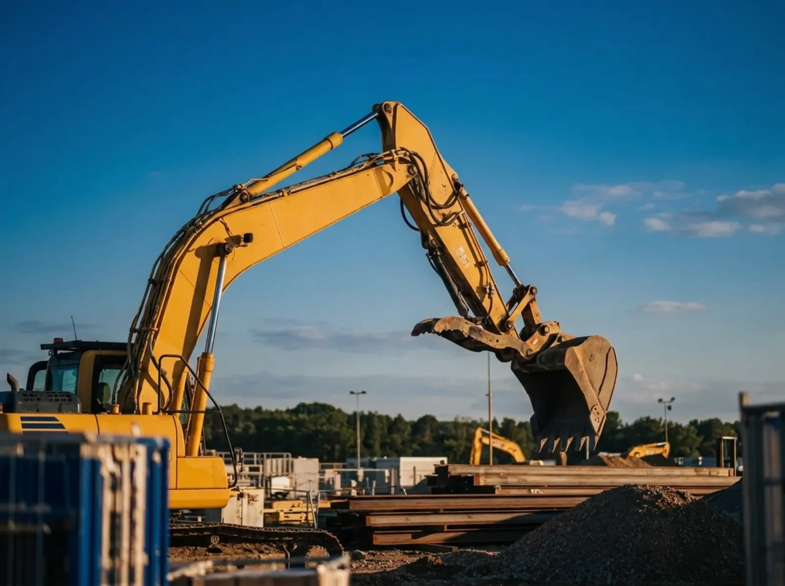 Excavator on a construction site under a clear blue sky