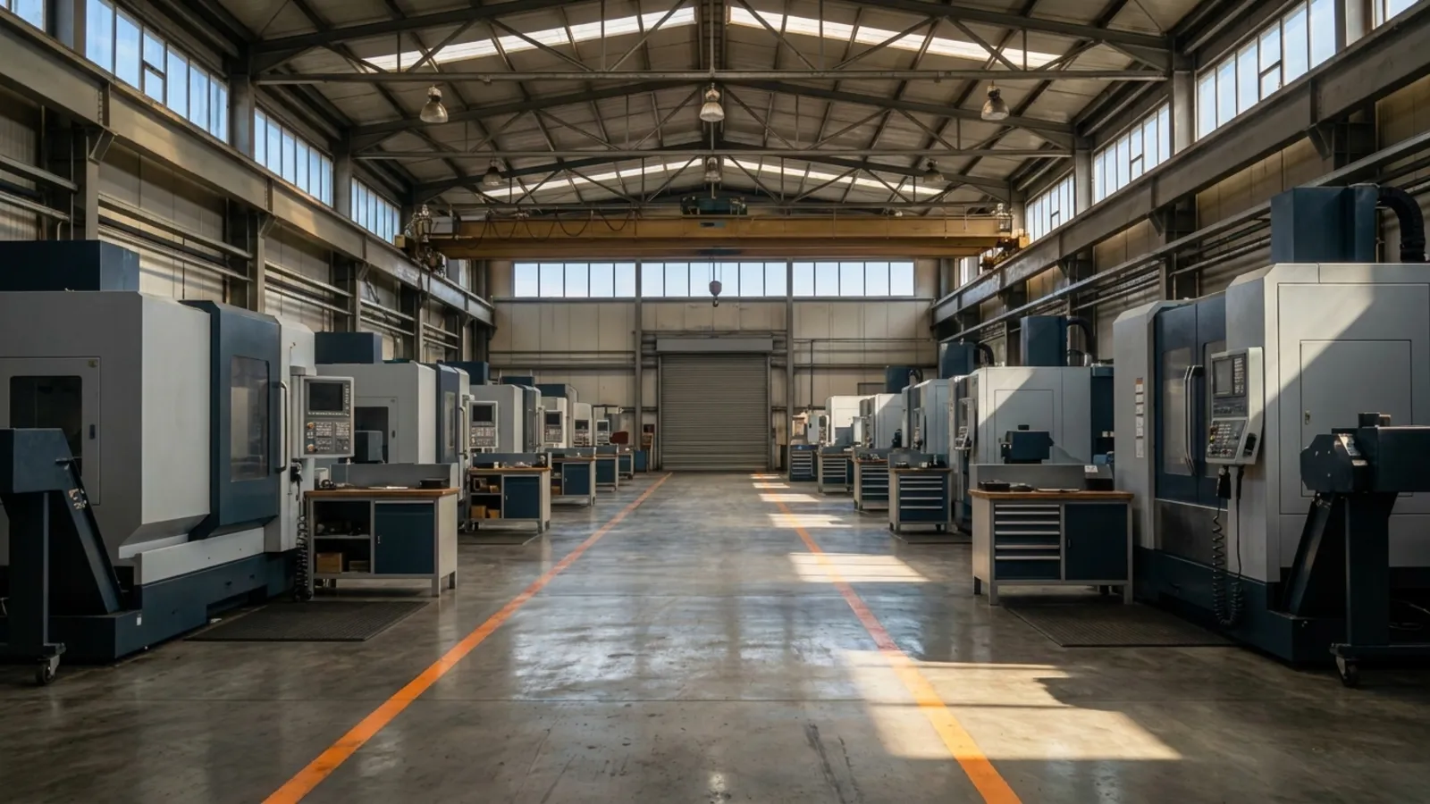 Interior of a precision engineering hall at dusk with an orange safety line marked on the floor