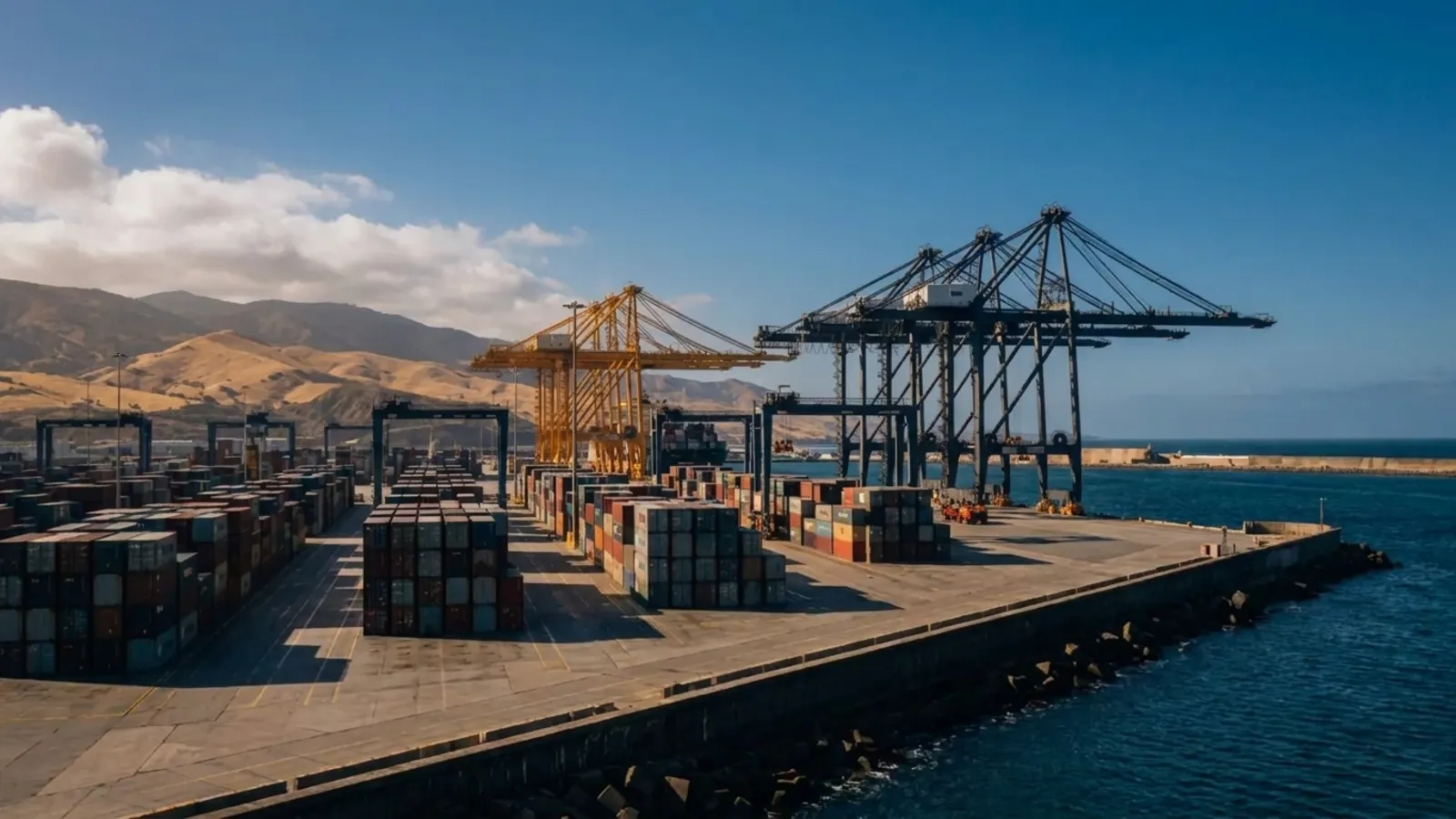 Container port at dusk with stacked containers and one orange ship to shore gantry crane, dry foothills behind