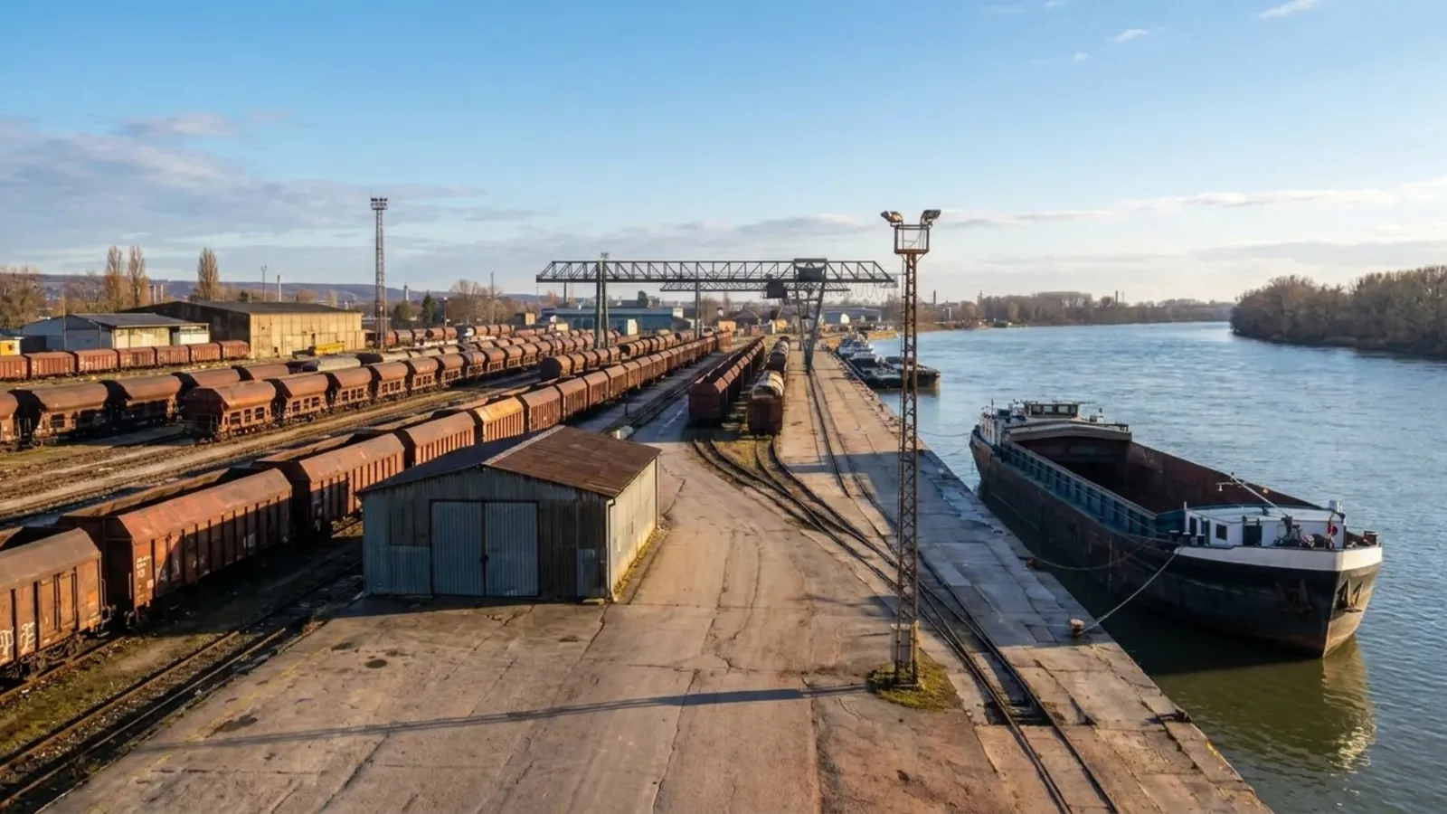 Danube-side rail and logistics yard at dusk with a moored barge and one orange signal lamp