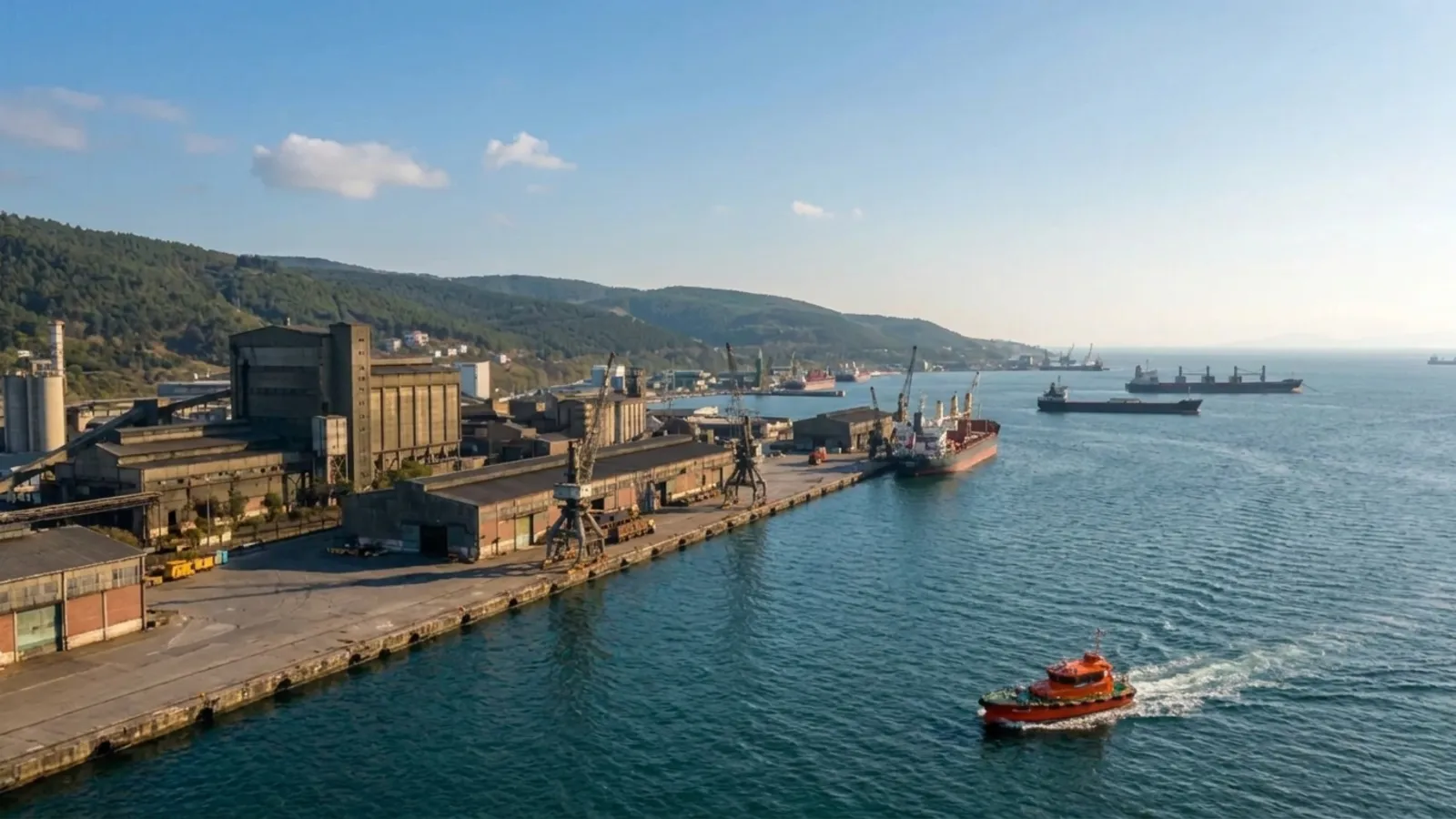Industrial waterfront on the Sea of Marmara at dusk with cargo vessels offshore and one orange pilot boat